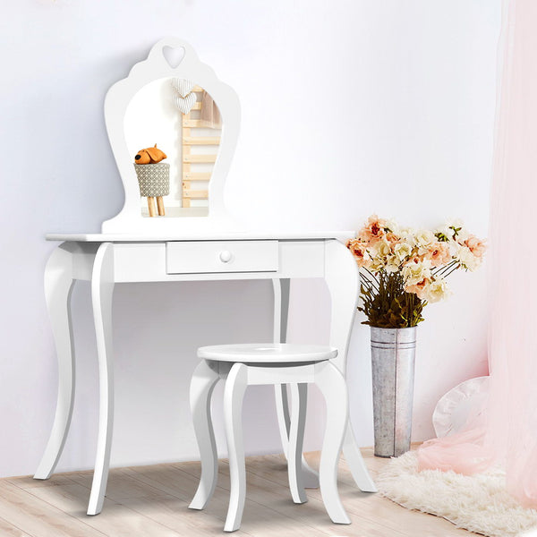 Kids Vanity Dressing Table Set With Stool And Mirror And Drawer - White