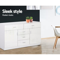 Buffet Sideboard Cabinet 5 Drawers 2 Cupboards - High Gloss White