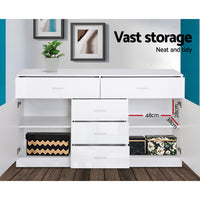 Buffet Sideboard Cabinet 5 Drawers 2 Cupboards - High Gloss White