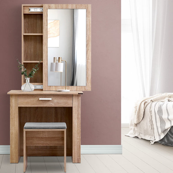 Dressing Table With Mirror, Stool, and Hidden Jewellery Storage - Natural